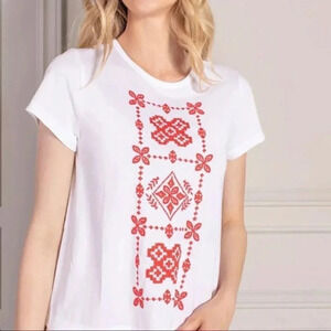 NWT Senlis Ivory & Red Embroidered Stamp Hannah Crewneck Tee Size M